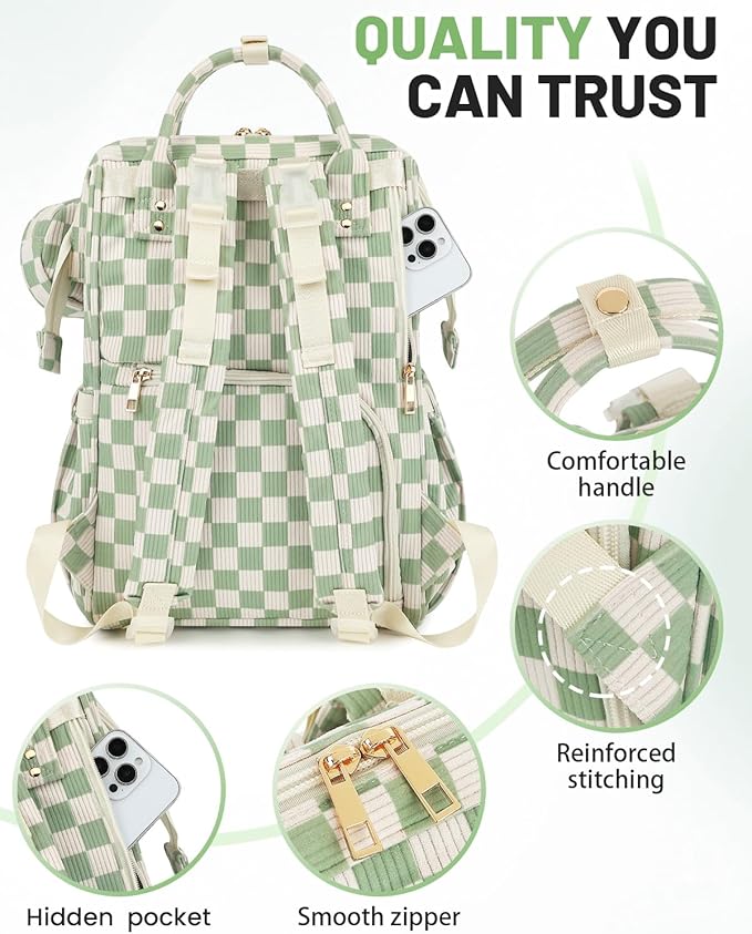 Corduroy Diaper Bag Backpack, Large Capacity Multifunction Baby Diaper Bags for Women, Insulated Bottle Pockets & Pacifier Case, Stylish Travel Nappy Changing Bags for Mom Dad (Checkered Green)
