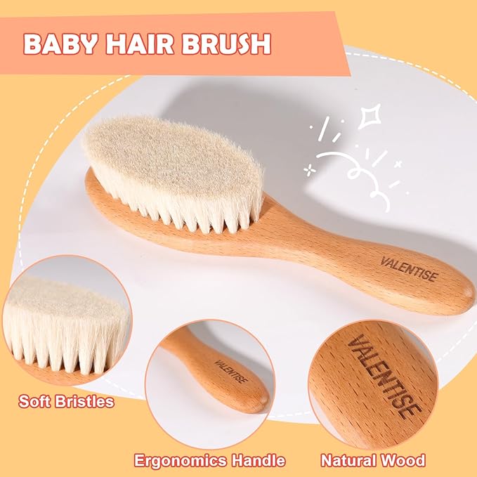 Baby Hair Bush and Comb Set,Baby Hair Brush with Soft Goat Bristle and Wood Comb Set,Wooden Baby Brush Set for Newborns & Toddlers,Good for Cradle Cap Brush