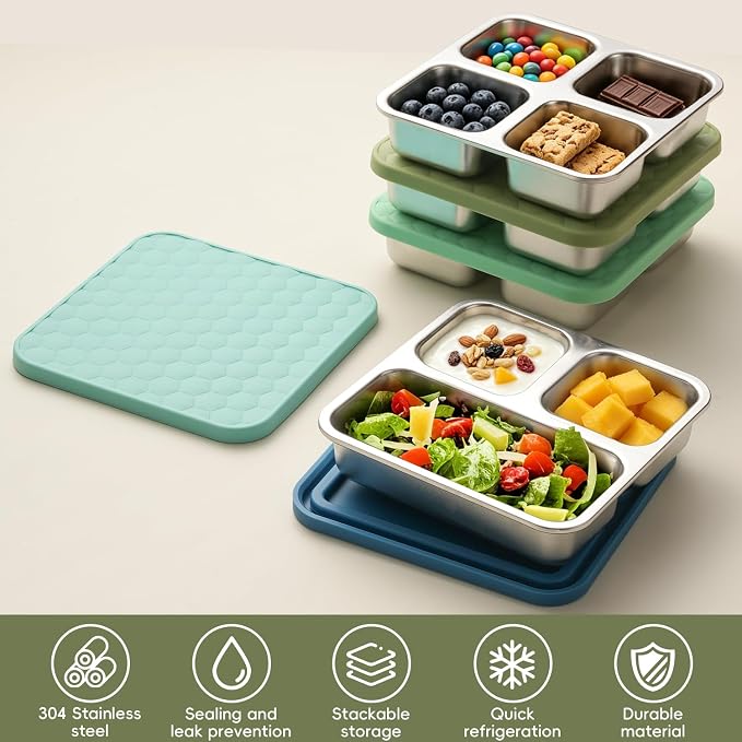 Tanjiae Stainless Steel Snack Box for Kids & Toddlers, 20oz Multi-Compartment Leak Proof Small Food Containers with Silicone Lids - Reusable Metal Bento Box for Daycare, School, Travel, Camping
