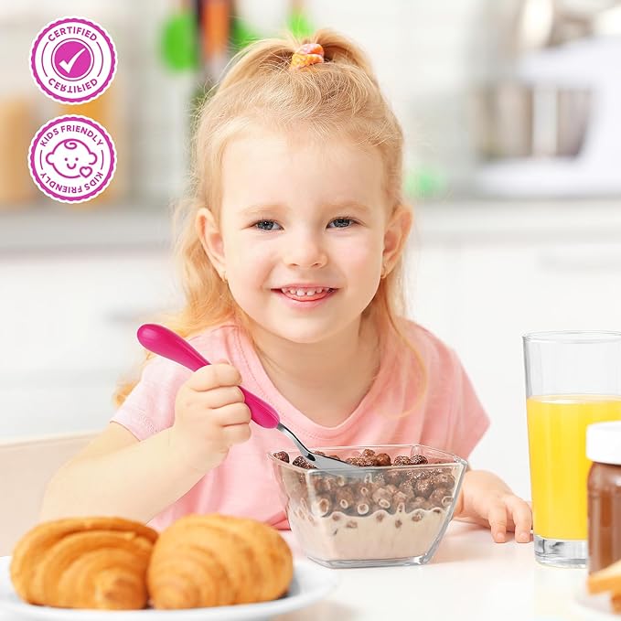 Lehoo Castle Toddler Fork and Spoon, 6pcs Kids Utensils, Safe Stainless Steel Toddler Silverware Set, Children Flatware Set, Incudes 3 Spoons and 3 Forks (Pink)