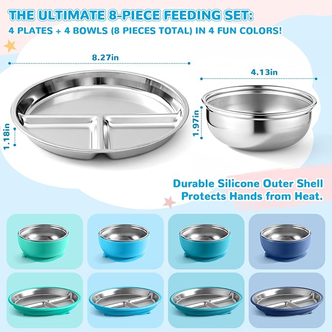 Havawish 8 Pcs Stainless Steel Baby Plate and Bowls with Suction, 8.3" Kid Divided Plate and 4" Toddler Bowl with Removable Silicone, BPA-free Non-slip Baby Feed Set Dishwasher Safe for Boy Girl(Blue)