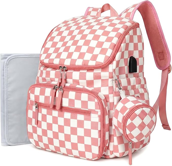 FHELAD Checkered Diaper Bag Backpack with Changing Pad & Stroller Clips, Large Travel Baby Diaper Bag for Newborn Moms, Baby Shower Gifts (Peach Pink)