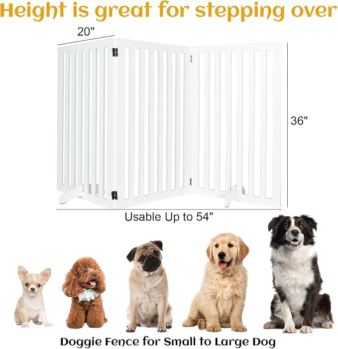 3-Panel Wooden Free Standing Foldable Dog Gate, Foldable Pet Gate with 2PCS Support Feet, 36" Height Dog Fence Baby Gates for House Doorways Indoor Outdoor, White
