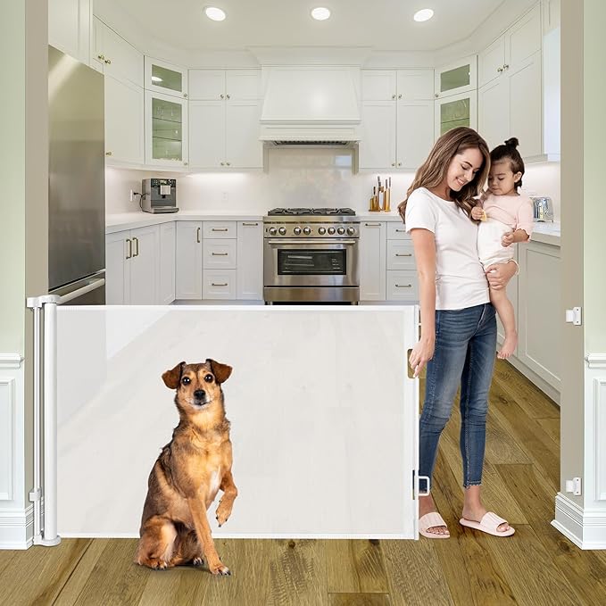 55 Inch Retractable Baby Gates for Doorways Retractable Dog Gate for Stairs Outdoor Retractable Gate Mesh Baby Gate Retractable Gates for Dogs Indoor Large Dog Gate Child Gates for Doorways, White