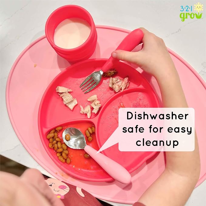 Eat with Me Spoon and Fork Set – Toddler Utensils with Easy-Grip Silicone Handles – Kid-Sized & Safe Stainless Silverware – Promotes Independent Eating – Dishwasher Safe (Ocean)