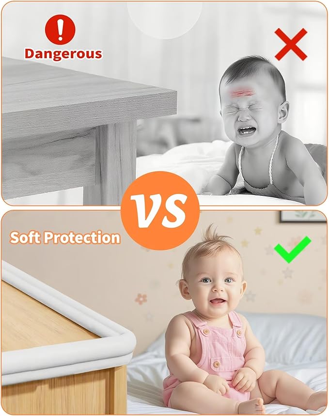 Edge Protector for Baby Proofing, 6.6FT 0.67?™’Th L-Shape Air Buffering Soft NBR Rubber Foam Furniture Edge Bumper Guards with 6 Corners, Pre-Taped, Thick Table Bumper Guard for Babies (White-gray)