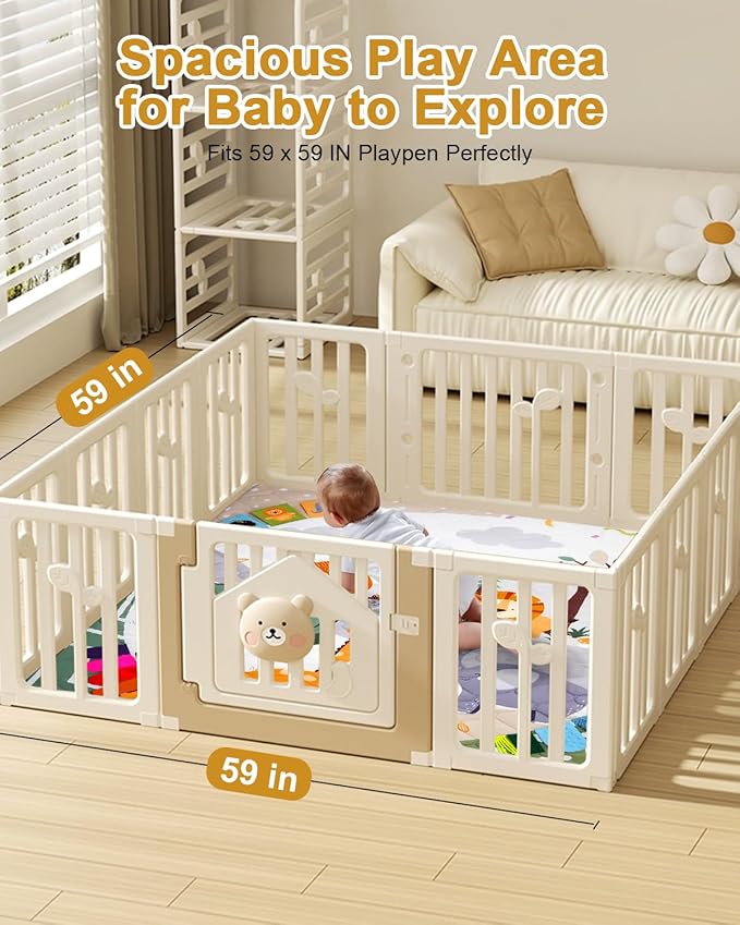 TINYHARBO Premium Foam Baby Play Mat 59x59, 4 Developmental Zones Play Mat with Removable & Machine Washable Cover, Extra Thick Padding Playpen Mat, Easy to Clean for Infants, Toddlers & Babies