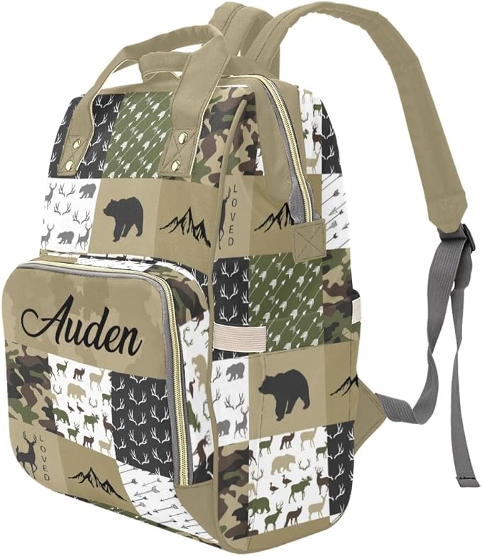 Woodland Deer Bear Baby Diaper Bag with Name – Personalized Nursing Travel Tote Backpack for Mom or Dad, Custom Name Baby Daypack Gift