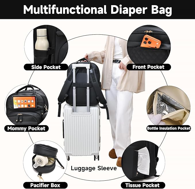 Leather Diaper Bags with Changing Station，Baby Bag，Large Capacity Diaper Bag Backpack for Moms Dads,Waterproof Diaper Backpack（Black）