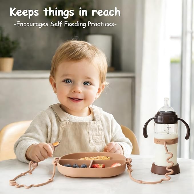 Baby Plates with Suction Silicone Baby Spoons Divided Baby Plates Silicone Baby Safety Toy Straps Baby Bottle Bungees Baby Feeding Set All-in-one-Sage
