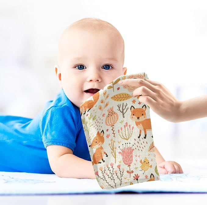 vvfelixl Baby Washcloths Cotton Foxes and Flowers Flesh Colored Baby Muslin Washcloths Soft Baby Face Towel for Newborn Infants Baby Wipes, 11.8 X 11.8 Inch, 3 Pack