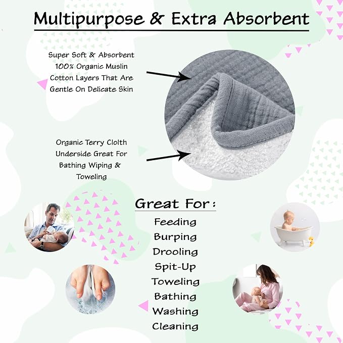 Aiden's Corner 100% Organic Muslin Cotton | Mix Use Baby Super Absorbent Infant Burp Cloth | Terry Cotton Towel | Washcloth for Newborns (Single White)