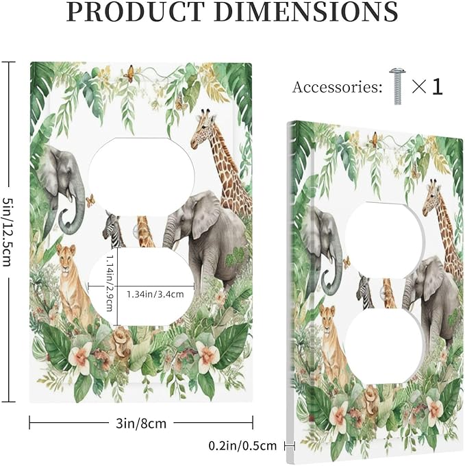 Tropical Leves Safari Animals Giraffe Elephant Zoo Outlet Covers 1 Gang Duplex Light Switch Cover Decorative Switch Plates Electrical Receptacle Faceplate Wall Plate for Kids Room Nursery Decor
