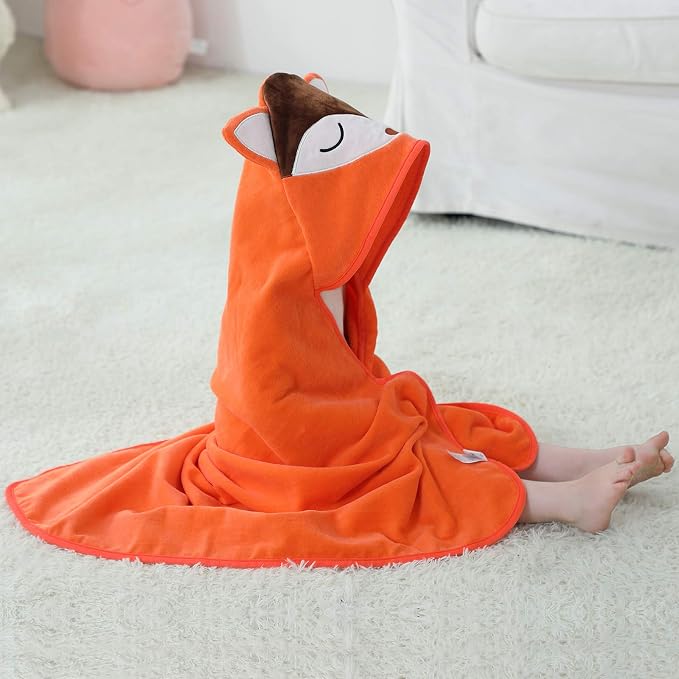 MICHLEY Animal Hooded Baby Towel Washcloth, Toddler Premium Cotton Absorbent Bathrobe for Girls Boys 0-6T (Fox)