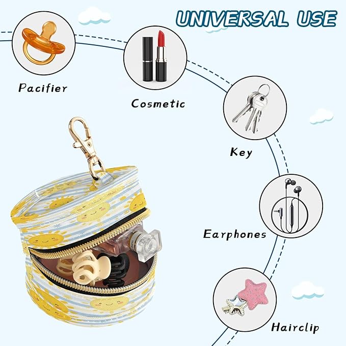 Cute Sunshine Pacifier Holder Case with Clip Portable Small Travel Pacifier Pouch for Mom Bag Zipper Coin Purse Pendant