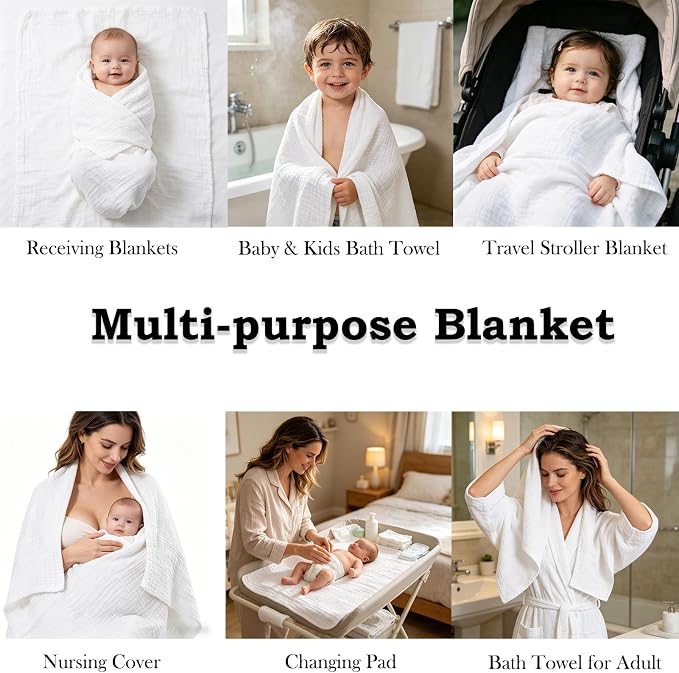 Aablexema Muslin Baby Blanket Set of 2, 6-Layer 43 x 43 Inches Newborn Toddler Bath Towel Swaddle Wrap Blankets for Boys Girls(White)