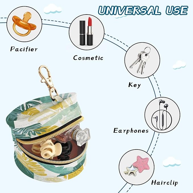 Pacifier Holder with Clip Pacifier Case for Diaper Bag Round Baby Pacifier Pouch Box Bag Portable Palm Leaves White