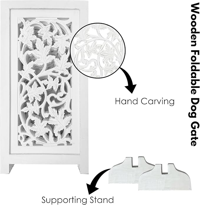 Dog Gate for Indoor Use, 4 Panel Free Standing Foldable Wooden Pet Barrier, 56x28 Inch Decorative Lucy Design Dog Fence for Doorway, Stairs, or Hallway, White Antique