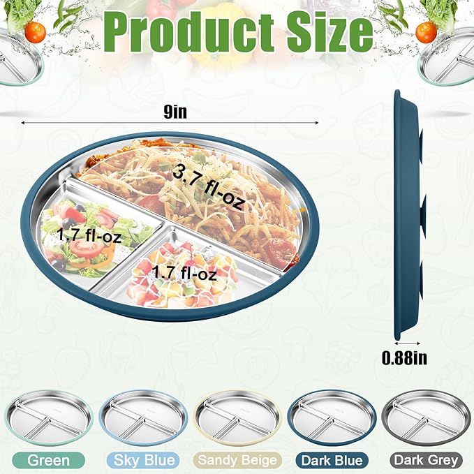 BUSOHA 2 Pack Stainless Steel Kids Plate with Suction - 9??Divided Toddler Baby Plates with Silicone Sleeves 2-in-1 Anti Breakage Metal Toddler Bowls Microwave Dishwasher Safe