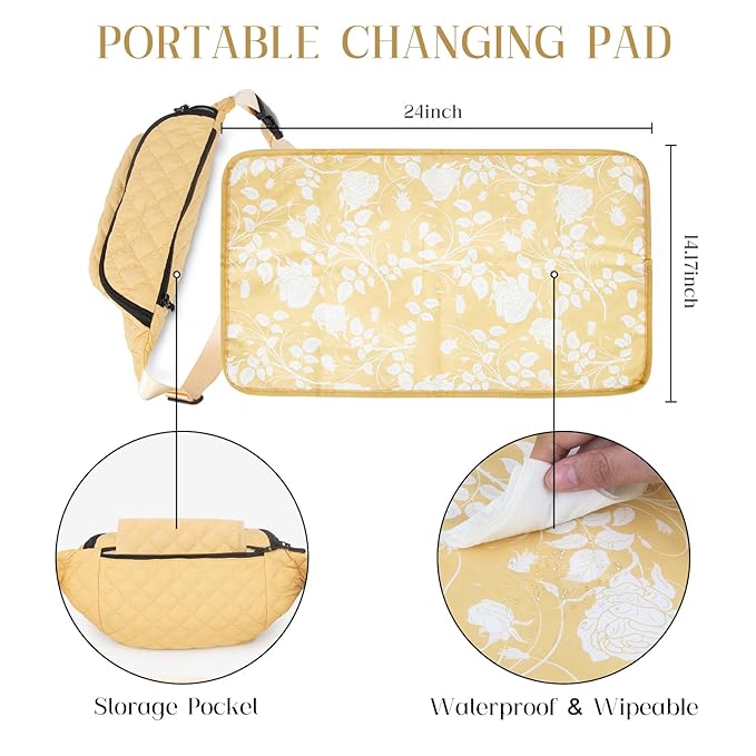 Pripher Small Diaper Bag with Portable Changing Pad, Crossbody Diaper Bag Pack with Wipes Pocket for Mom and Dad, Mini Diaper Bag Fanny Pack for Baby Travel, Yellow