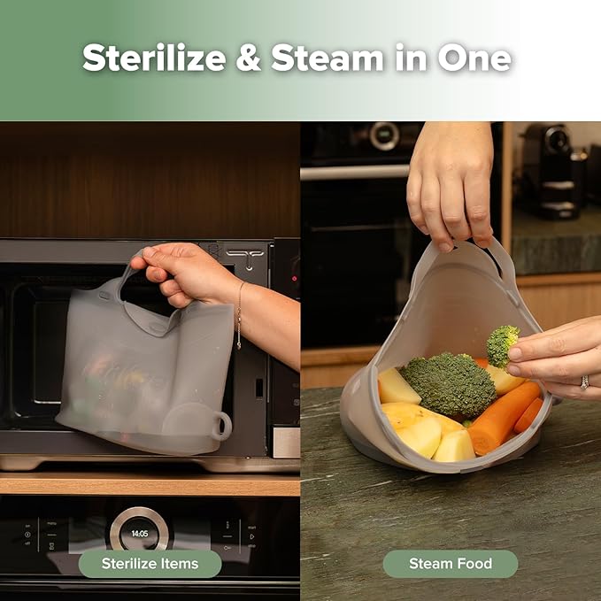 Haakaa Silicone Microwave Steamer & Steriliser Bag, 70oz/2000ml Large Capacity Reusable Steaming Bags for Baby Bottles, Breast Pump, Accessories, Pacifiers,Teethers, Great for Home&On The Go, Grey/1PC