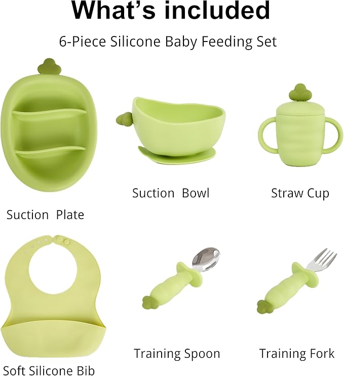 Silicone Baby Feeding Gift Set ??Suction Plate, Bowl, Training Cup, Fork, Spoon & Bib (6-Piece) (Green)