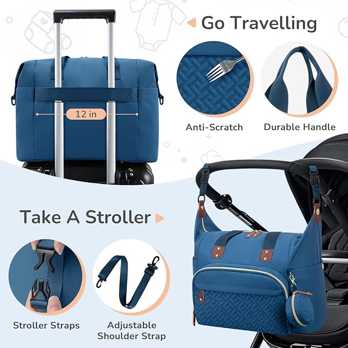 Tenot Diaper Bag Tote with Pacifier Case, Baby Bag for Women with Shoulder Straps, Travel Diaper Tote for for Mom and Dad Blue
