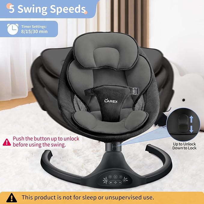 LAREX Baby Swing Infant Swing Electric Toddler Baby Rocker Portable for Newborn Boy Girl, 5 Sway Speeds with Remote Control, 10 Preset Melodies and Bluetooth, 0-6 Months Max 20 Lbs