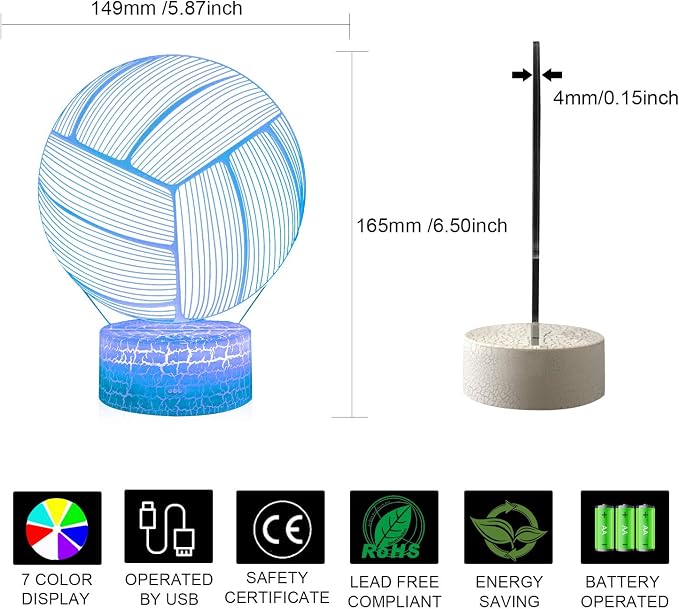 Volleyball 3D Illusion Night Light,16 Colors Changing Touch Switch & Remote Control,Acrylic Flat & ABS White Crack Base &USB Cable Table Lamp