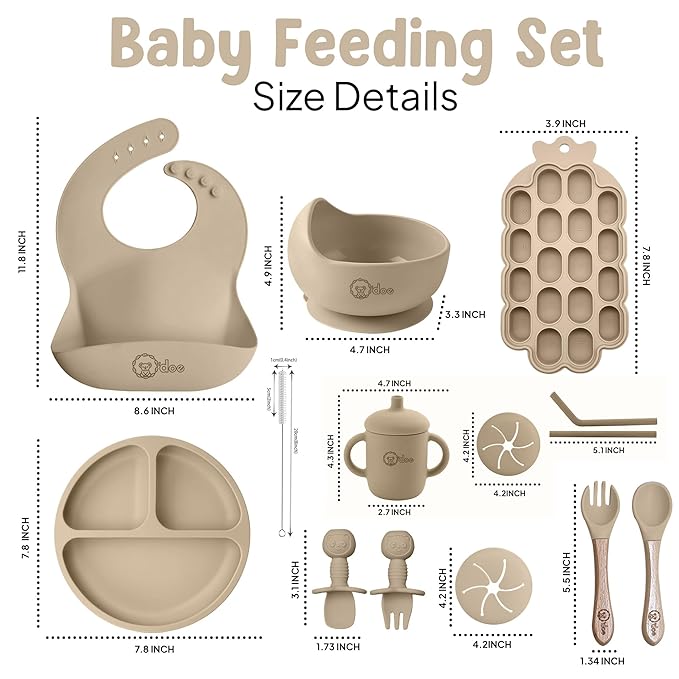 O'doe Baby Weaning Set ??15 Pcs Silicone Baby Feeding Set with Suction Plate, Bowl, Bib, Sippy Cup, Fruit Feeder & Freezer Tray ??Baby Plates and Bowls Set for 3M+ | BPA-Free Baby Dishes & Utensils