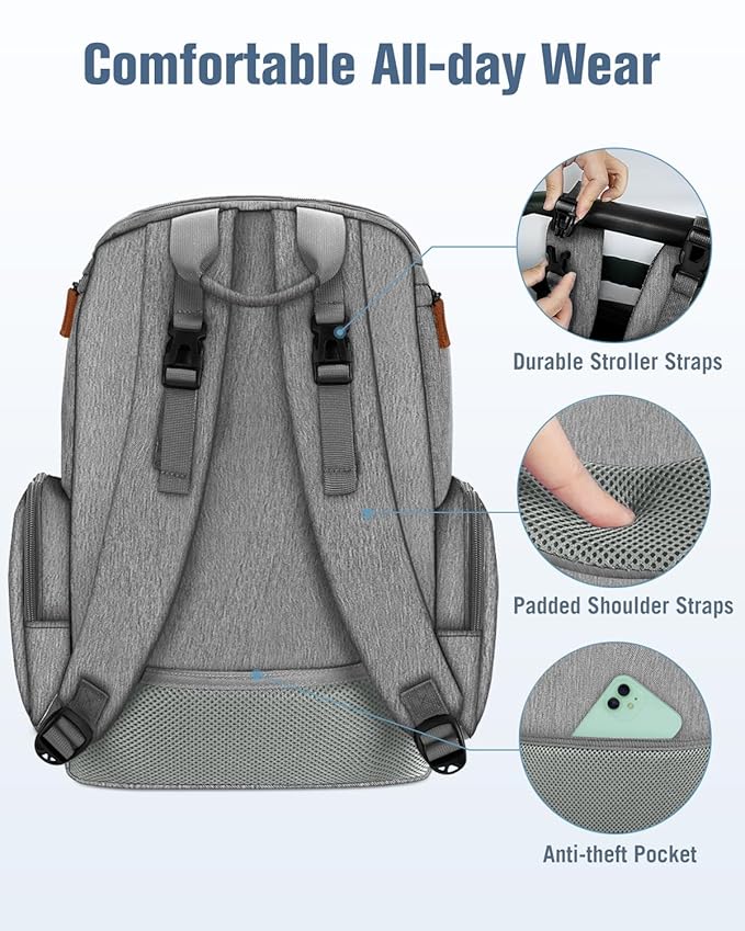 Mancro Diaper Bag Backpack, Multifunctional Baby Diaper Bag Backpack For Men Women with Stroller Straps, Travel Water Resistant Baby Diaper Backpack with 2 Side Insulated Pockets, White Grey