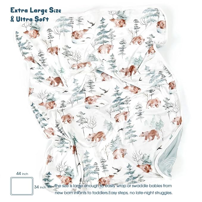 GRSSDER Baby Blankets Super Soft Jersey Knit Swaddle Blanket for Baby Girls and Boys, Double Layer Receiving Blankets 34 x 44 Inches Extra Large for Swaddling, Cute Bear