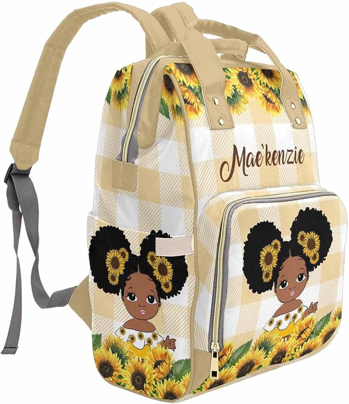 Personalized Name Diaper Bag for Women, Customized Sunflowers Casual Nursing Mommy Daypack, Yellow Checks Nursing Backpack with Large Capacity