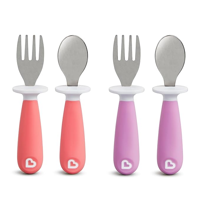 Munchkin® Raise??Toddler Fork and Spoon Utensil Set,Rest Keeps Tip Off Table,BPA Free,Pink/Purple,(Pack of 48)