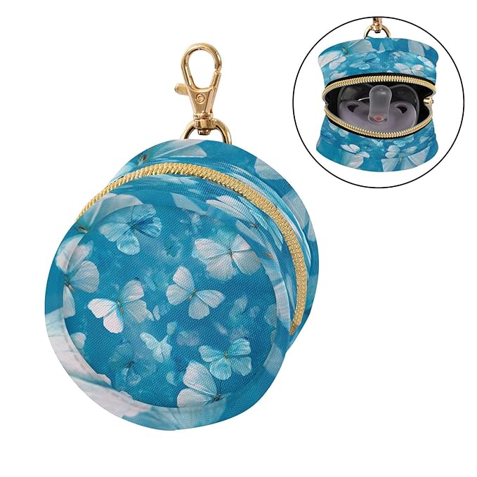 Pacifier Holder with Clip Pacifier Case for Diaper Bag Round Baby Pacifier Pouch Box Bag Portable Ink Blue Butterfly