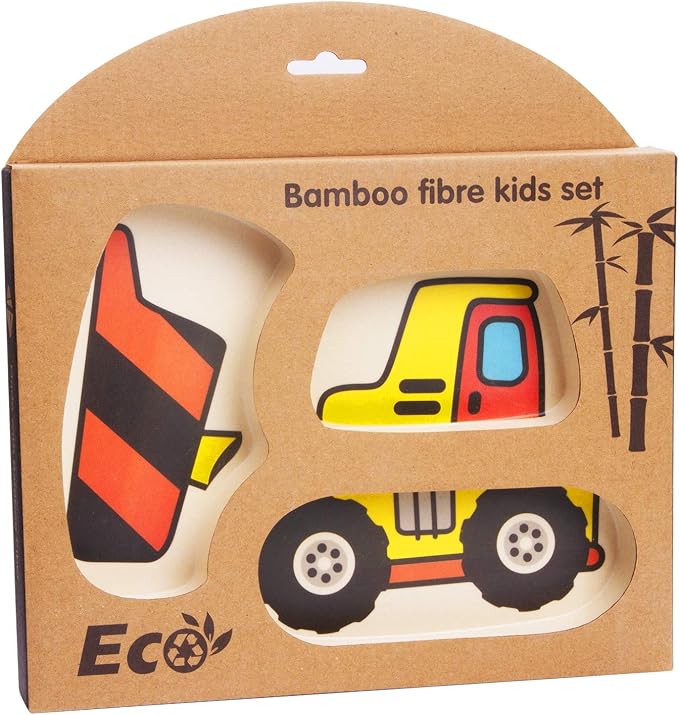 Kid Plate Set Bamboo Toddler Plates Dinnerware Dinner Dish Set Baby Feeding Spill Proof Divided Plate - Baby Spoon and fork 3-Piece Set for Kids and Toddlers (excavator/bulldozer)