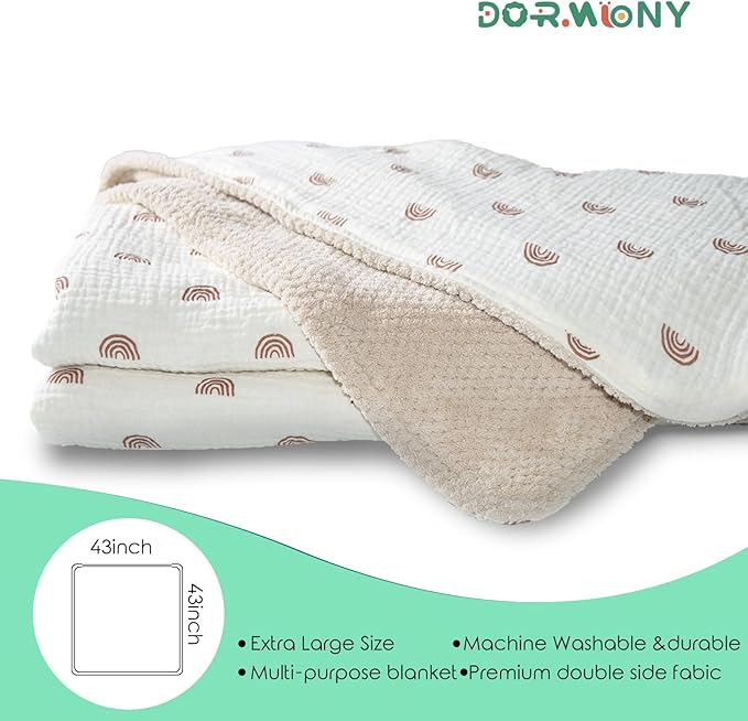 Soft & Breathable Baby Organic Cotton Muslin Blanket with Warm Flannel Lining, Unisex Crib Blanket for Toddlers, Large 43x43 Inches (Rainbow)