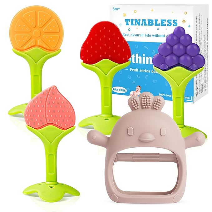 Teething Toys (5 Pack) - Tinabless Infant Teething Relief Toys&Teething Mitten Set, Food Grade Silicone Anti Dropping Wrist Hand Teethers Baby Chew Toys for Sucking Needs, Silicone Baby Teethers(Pink)
