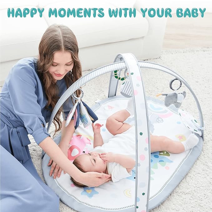 Baby Play Mat, ibabejoy Stage-Based Play Gym with 2 Machine Washable Mat Covers for Newborn to Toddler, 7 in 1 Activity Mat for Infant Sensory & Motor Skills Development, Thicker Non-Slip