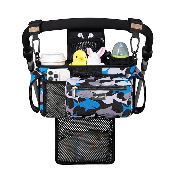 TOPDesign Universal Baby Stroller Organizer, Stroller Caddy with Detachable Mesh Bag & Heightened Insulated Cup Holders & Non-Slip Secure Hooks Accessories, Fits Most Strollers (Sharks)