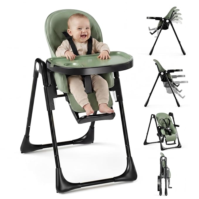 Baby High Chair, Convertible Folding Highchair with Dishwasher-Safe Tray, Adjustable Heights & Backrest, 5-Point Harness, Portable Dining High Chairs for Babies and Toddlers (Sage Green)