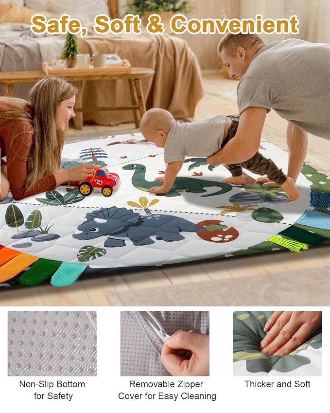 TINYHARBO Premium Foam Baby Play Mat 71x59, 4 Developmental Zones Play Mat with Removable & Machine Washable Cover, Extra Thick Padding Playpen Mat, Easy to Clean for Infants, Toddlers & Babies