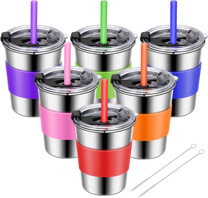 ShineMe Toddler Cups with Straws Spill Proof 6pack, 8oz Small Stainless Steel No Spill Sippy Cup, Unbreakable Kids Cups with Lids and Colorful Silicone Sleeves for Hot/Cold Drinks Snacks