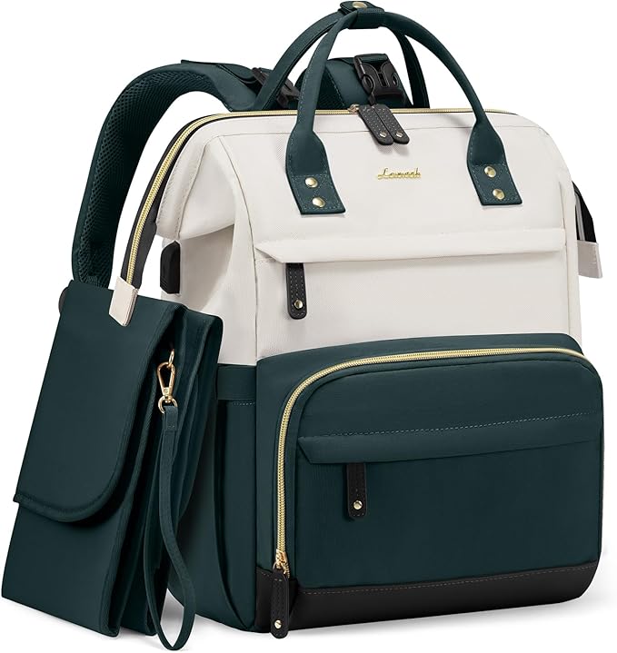 LOVEVOOK Diaper Bag Backpack, Baby Bag with Changing Station, Large Diaper Backpack for Moms Dads, Waterproof Leather Accents Baby Boy and Girl Bag for Travel Baby Essentials, Dark Green-Beige