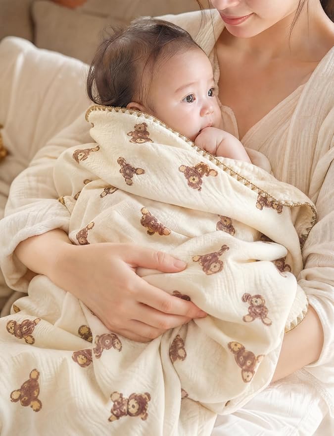 Baby Blanket 40x40 Inches,Muslin Cotton and Minky Dotted Double Layer Soft Receiving Blanket for Newborn Toddler,Cuddle Bear