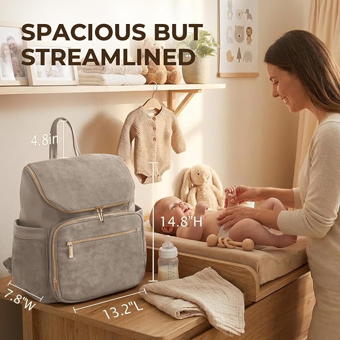 miss fong Diaper Bag Backpack - Large Diaper Bag Backpack Baby Backpack Suede Diaper Backpack with 14 Pockets, Pañaleras Para Bebe with Waterproof Wet Pocket Luggage Sleeve for Mom Dad-Taupe
