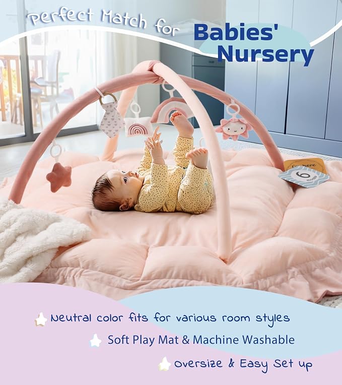 Little Dove 5-in-1 Plush Baby Play Gym, Tummy Time Mat with Blanket and 6 Sensory Toys, Baby Play Mats, Convertible Baby Gym for Sensory Development from Newborn to Toddler, Pink