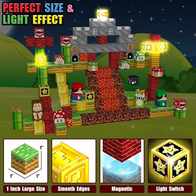 Daoyehsy 200PCS Magnetic Blocks Building Toys, 1" Light Up Building Blocks Magnet Cubes Tiles for Toddlers Boys Girls 3+, Build 3D World STEM Sensory Construction Toys
