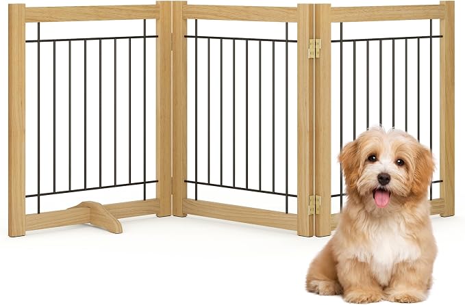 Acovy Wire Dog Gate Solid Wood Frame, Anti-Chewing Pet Gate Indoor Freestanding Indoor Foldable Dog Fences for Stairs, House, Doorway Extra Wide, 3-Panel, 60" Wide Oak Color