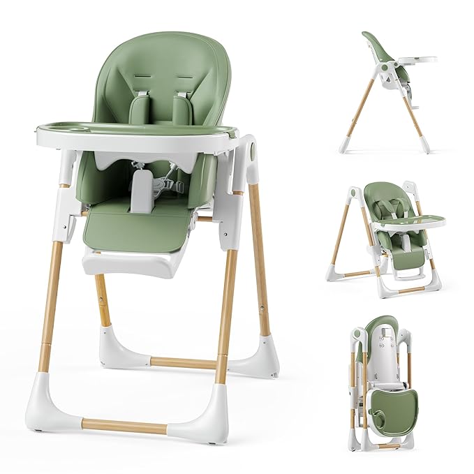 Kinder King Convertible High Chair for Babies & Toddlers, Adjustable Baby Feeding High Chair with Removable Double Tray, Simple Compact Fold for Space-Saving, 2 Built-in Wheels, Easy to Clean